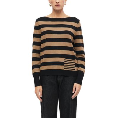 Strickpullover S.OLIVER BLACK LABEL, Damen, Gr. 44, braun (braun stripe), Strick, Obermaterial: 70% Viskose, 30% Polyamid, gestreift, normal hüftbedeckend, U-Boot-Ausschnitt, Bündchen, Pullover Strickpullover, mit Streifenmuster / U-Boot-Ausschnitt