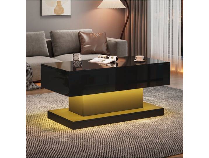 Table Basse Relevable Noire Brillante Table Basse LED Moderne FloraGrace Pour Salon Avec Rangement Integre 100x50x45cm