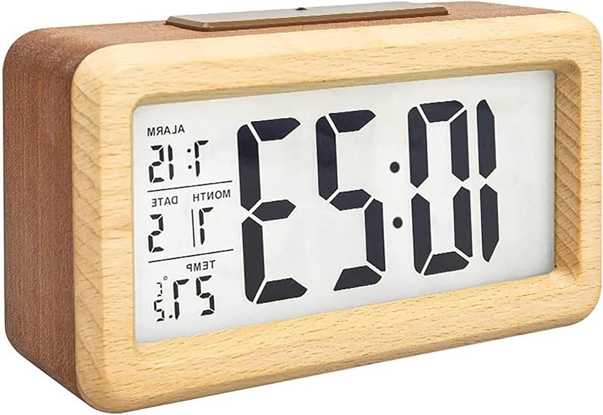 Houten digitale wekker met led-display en temperatuurweergave