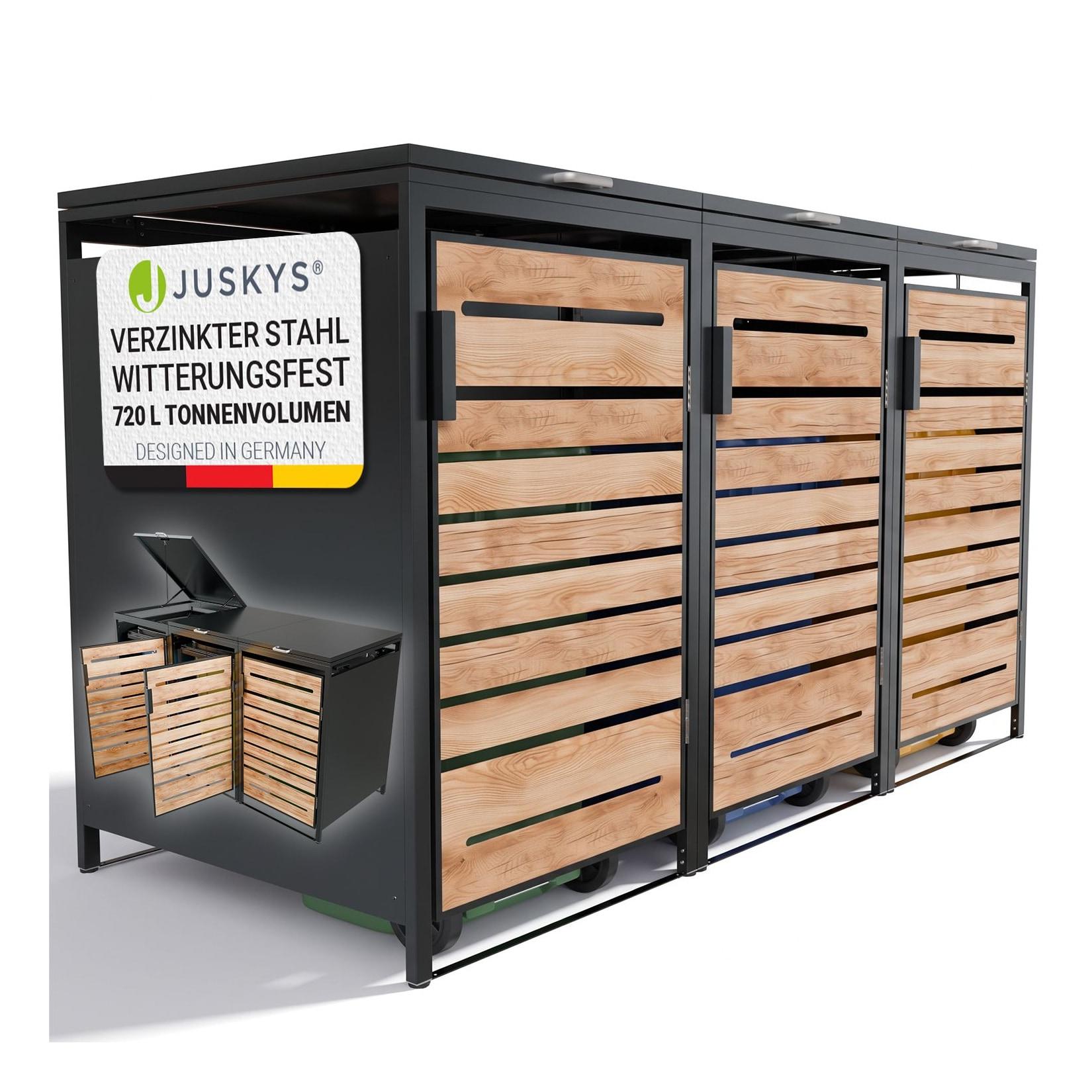 JUSKYS® Mülltonnenbox Arel 3er - Metall Gartenbox für Mülltonnen - Aufbewahrungsbox Anthrazit in Holzoptik