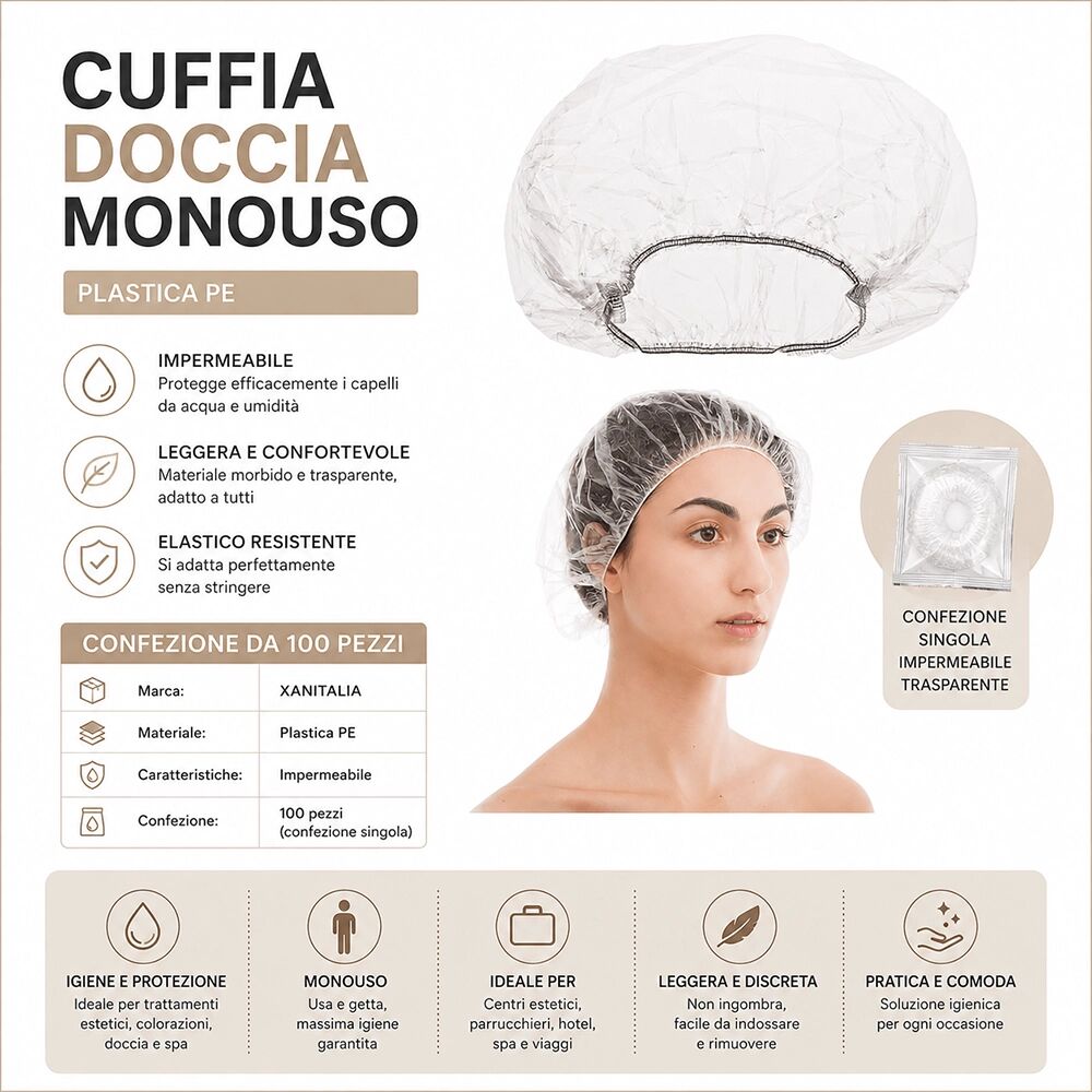 Xanitalia Cuffia Doccia Monouso in PE Imbustata Singolarmente 100 Pezzi