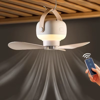 Trendy Discount Goods Portable Wireless Mini Ceiling Fan With Remote USB Rechargeable, LED Light, For Home, Camping & Outdoors white 7200mah