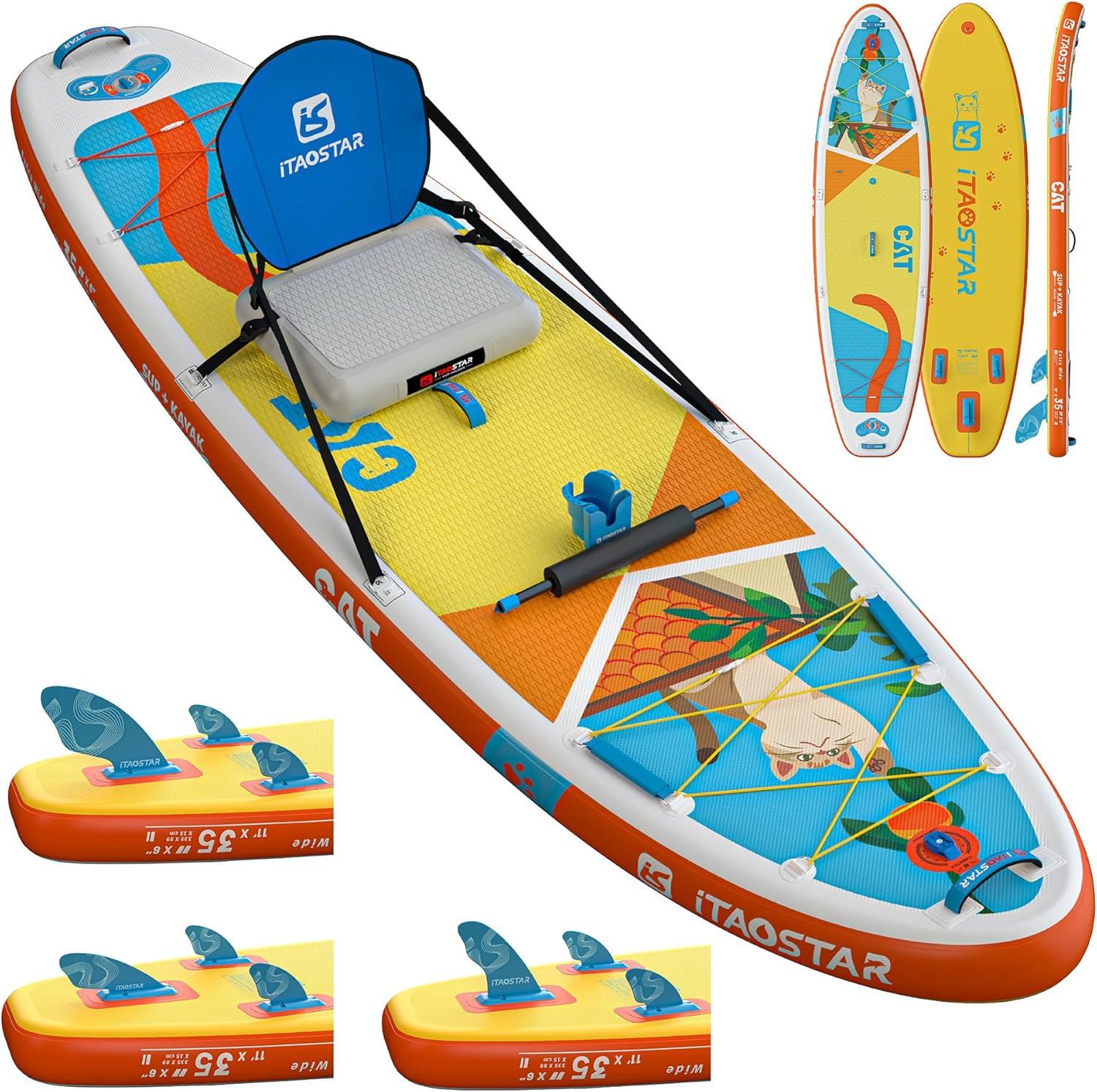 Pets Aufblasbares Paddleboard, 74 cm/89 cm, hochwertige SUP-Zubehörteile, einhändig bedienbar, extra breites Paddleboard für mehr Stabilität, speziell angepasste Flossen