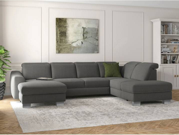 Wohnlandschaft, Struktur weich, Grau, 338×219 cm, U-Form, Mit Kopfteilverstellung, sit&more