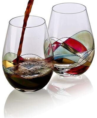 Bezrat Set of 2 Handpainted Stemless Wine Glasses