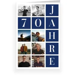 Einladungskarte 70. Geburtstag: Kreuzworträtsel 70 mit Fotos in Blau