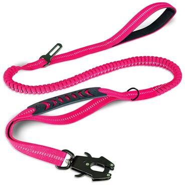 Fusion Finds Reflective Heavy Duty Dog Leash With Shock Absorbing Bungee & Car Seatbelt For Large Dogs pink