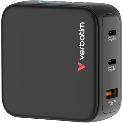 Verbatim Mini GaN Charger 100W mit Display 2xUSB-C +1xA 30239