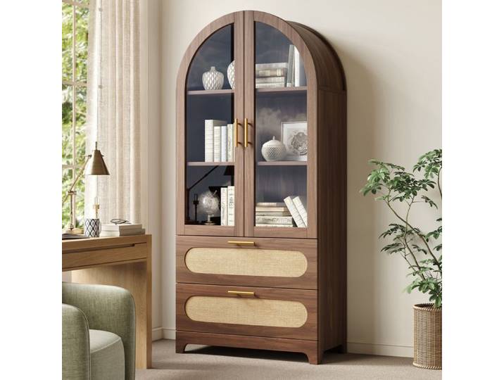 Vitrine de salon arquée 80x40x175 cm effet noyer meuble vitrine avec portes vitrées 2 tiroirs cannage rotin étagères réglables