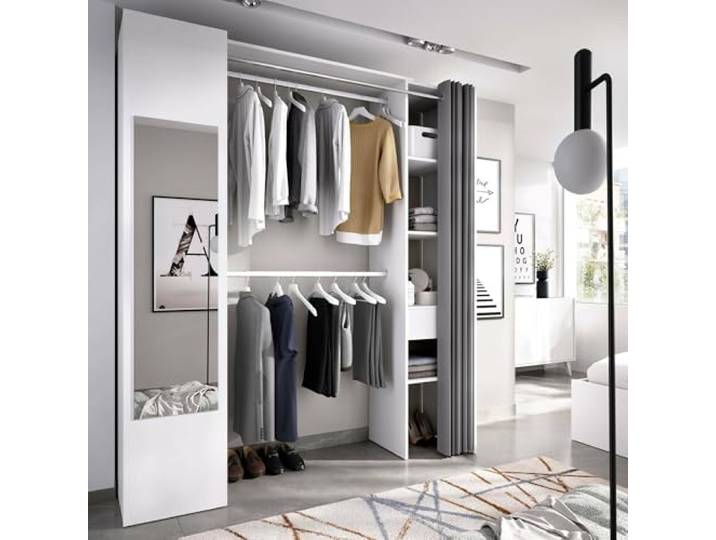 Dmora - Großer Kleiderschrank Rigi, Struktur für begehbaren Kleiderschrank, offener Kleiderbügel, 177x52h205 cm, Weiß und Anthrazit