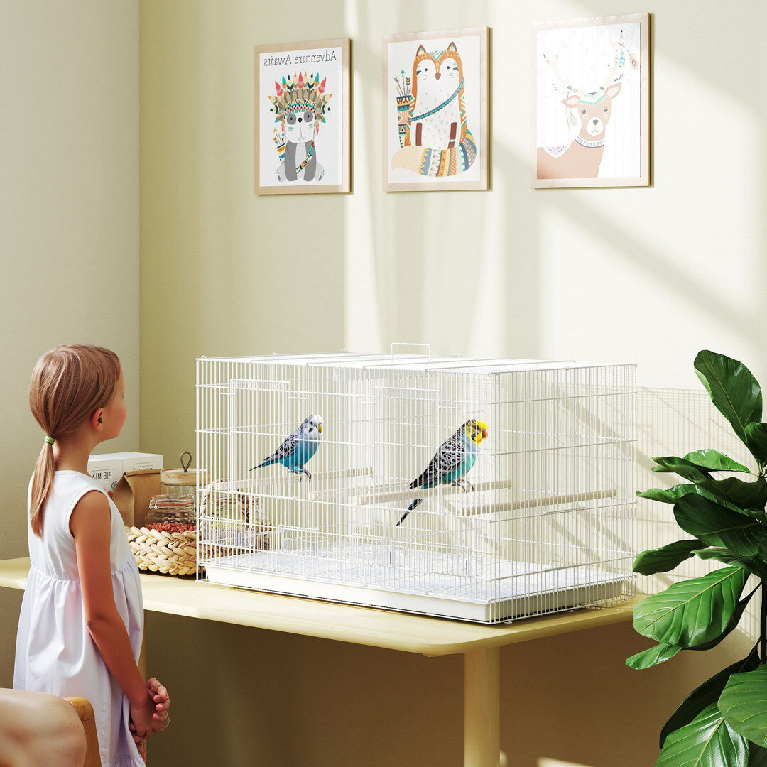 PawHut Bird Cage with Divider 4 Wooden Perches Slide Out Tray White White 46cm H X 76cm W X 46cm D