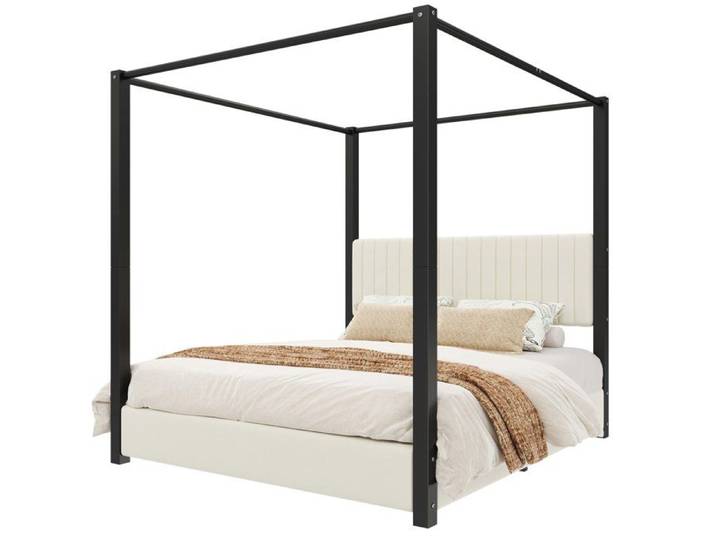 Lit à baldaquin rembourré – Beige et noir – 180x200 cm – cadre en métal et tête de lit