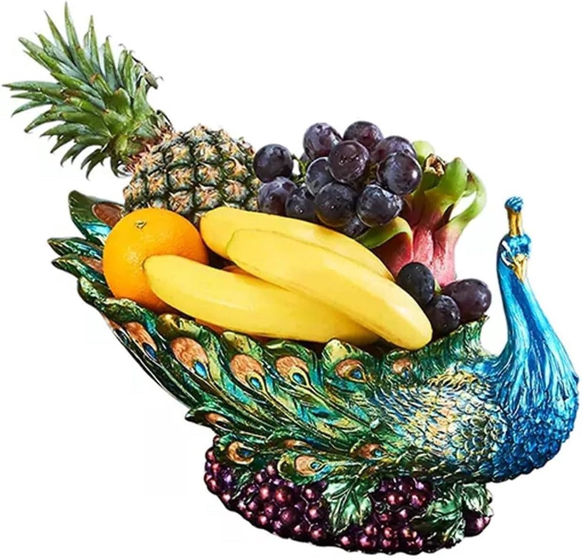 Handgeschilderde Fruitschaal Pauw - Multicolor Decoratieve Fruitlade
