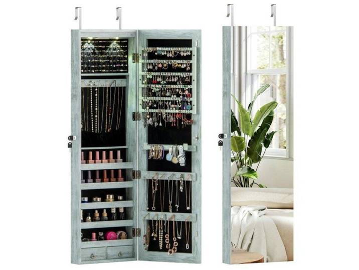 Armoire à Bijoux Murale - RELAX4LIFE - Éclairage LED - Porte avec Serrure - 2 Tiroirs - Peu Encombrante - 35 5X10X120CM - Bleu