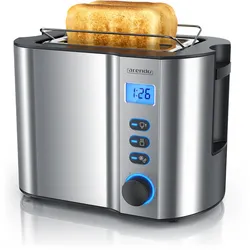 Arendo Toaster für 2 Scheiben mit Restzeitanzeige, 800W, wärmeisolierendes Doppelwandgehäuse, Brötchenaufsatz, Auftaufunktion, Silber
