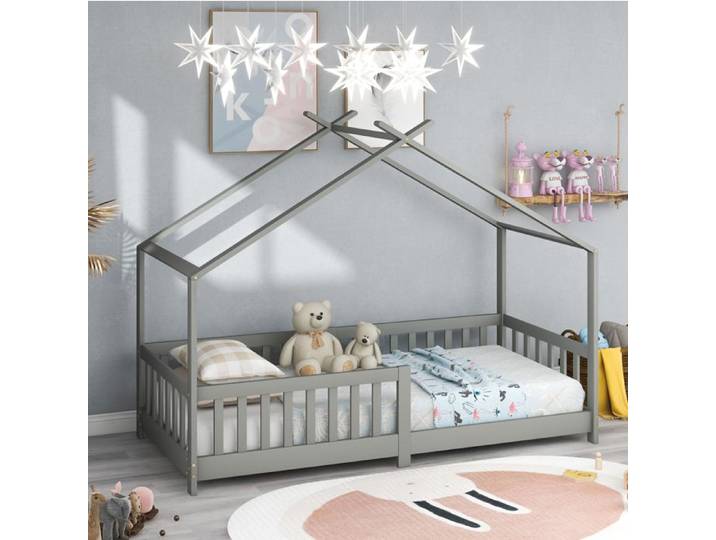 VUENOR Lit cabane enfant 90x200 cm gris clair – avec barrières et sommier sans matelas