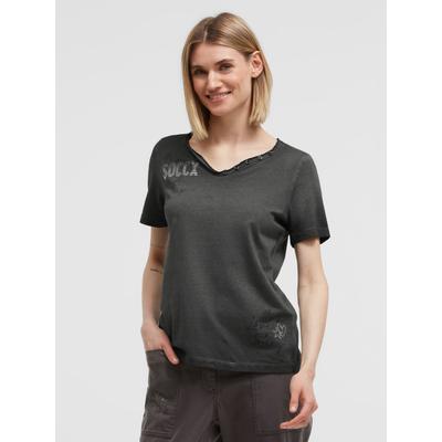 V-Shirt SOCCX, Damen, Gr. L, schwarz, Single Jersey, Material: 100% Baumwolle, Glitzermuster, bedruckt, regular fit normal, V-Ausschnitt, eingesetzt offene Naht, Shirts, mit längerer Rückenpartie
