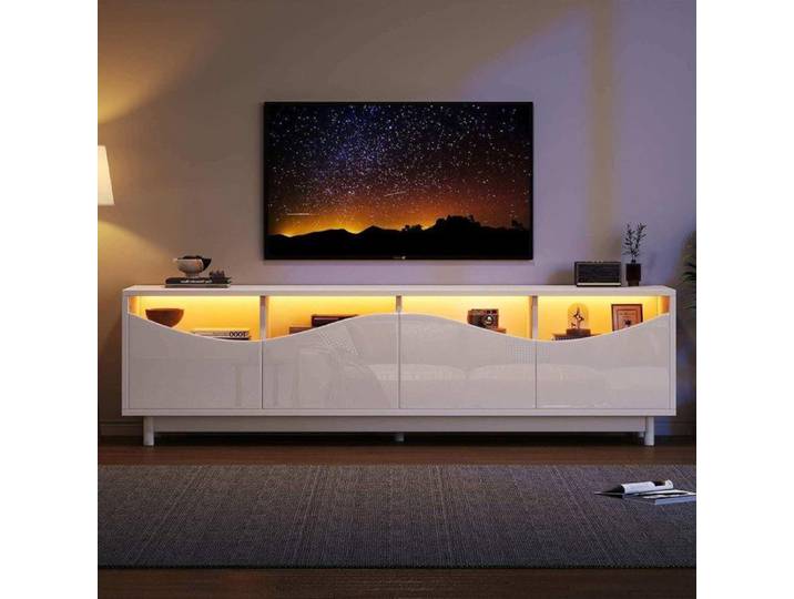 Armoire TV Elégante Meuble TV 175 Blanc Brillant Support TV Mural 4 Portes Design incurvés avec Lumière LED