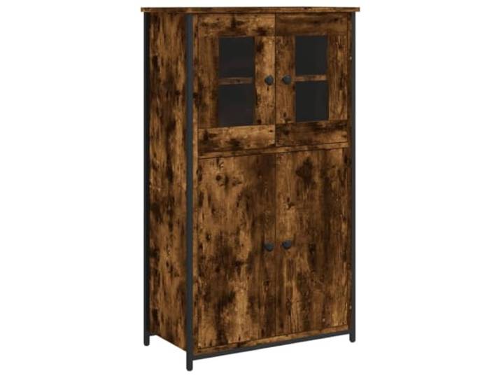 Fisinber Highboard Räuchereiche 62x32x106,5 cm Holzwerkstoff Schrank Stilvoller Beistellschrank im Räuchereiche-Look mit Metallgestell und Glastüren für Wohnzimmer und Flur.