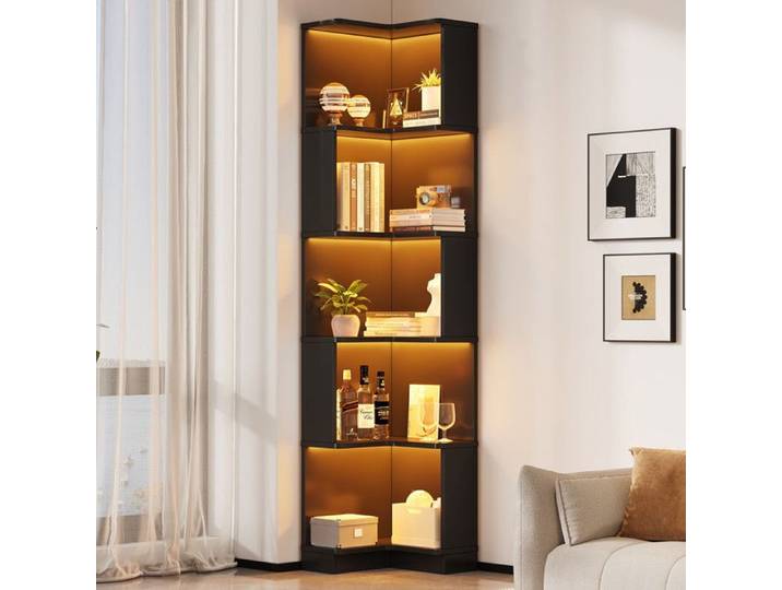 Luscriate - Bibliothèque angle 175cm avec LED multicolore contrôle APP 5 étagères rangement multifonction design moderne - Noir