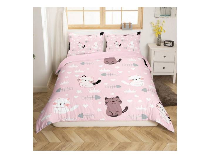 LuxusKollektion Kinderbettwäsche Bettwäsche 155x220cm Rosa Katzen Fisch