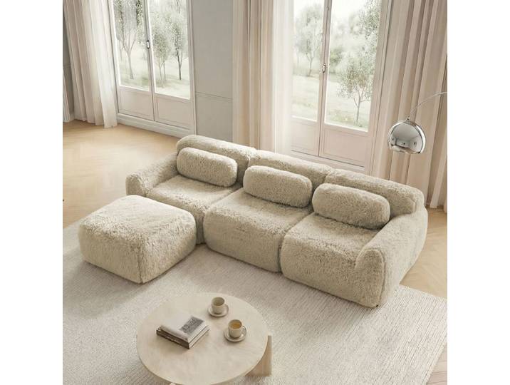 MEULVA Canapé modulable 3 places en peluche kaki clairavec pouf et coussins sans montage