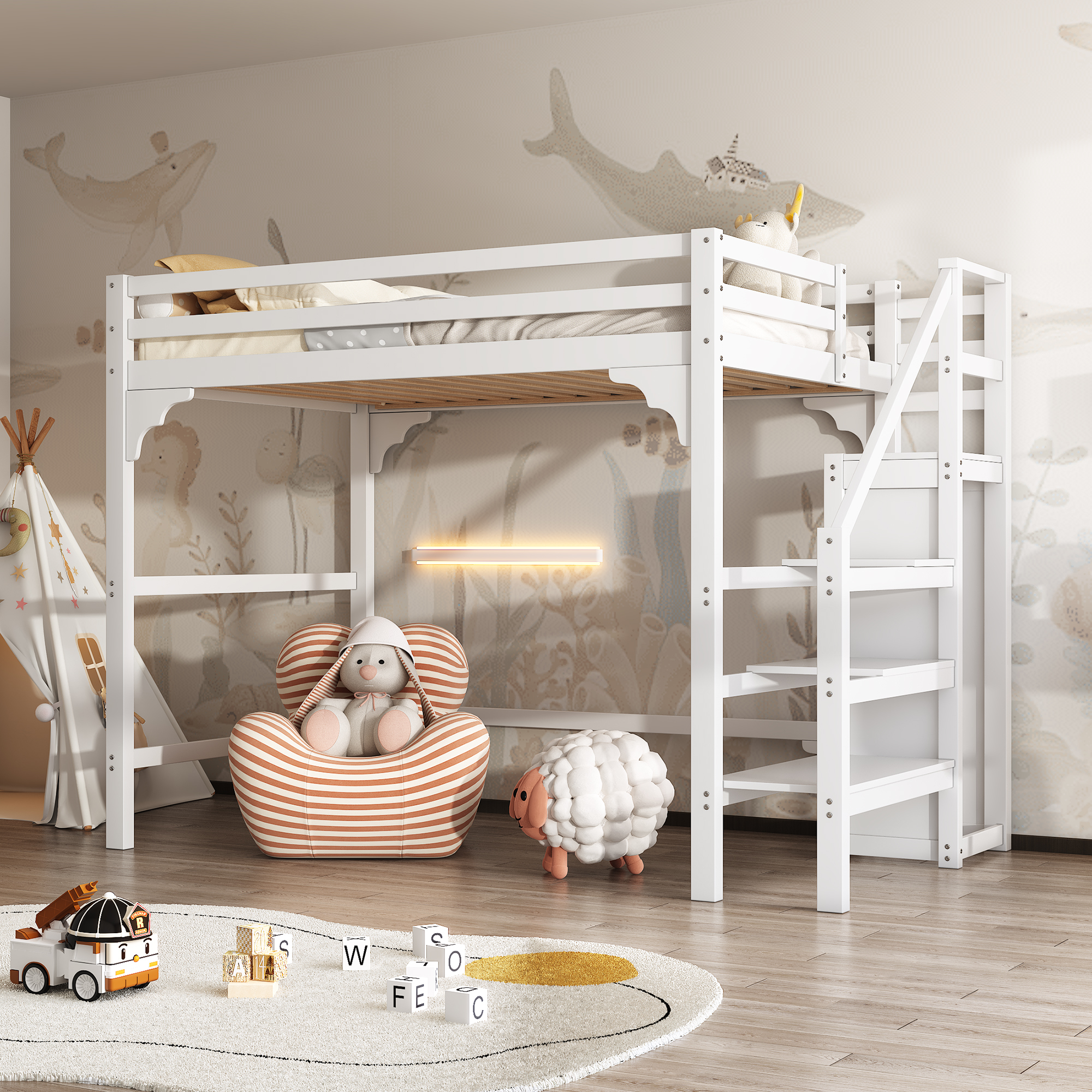 Flieks Etagenbett 140x200 mit Rausfallschutz, Hochbett mit Kleiderschrank, Jugendbett Kinderbett mit Lattenrost, Stockbett Holzbett, Weiß