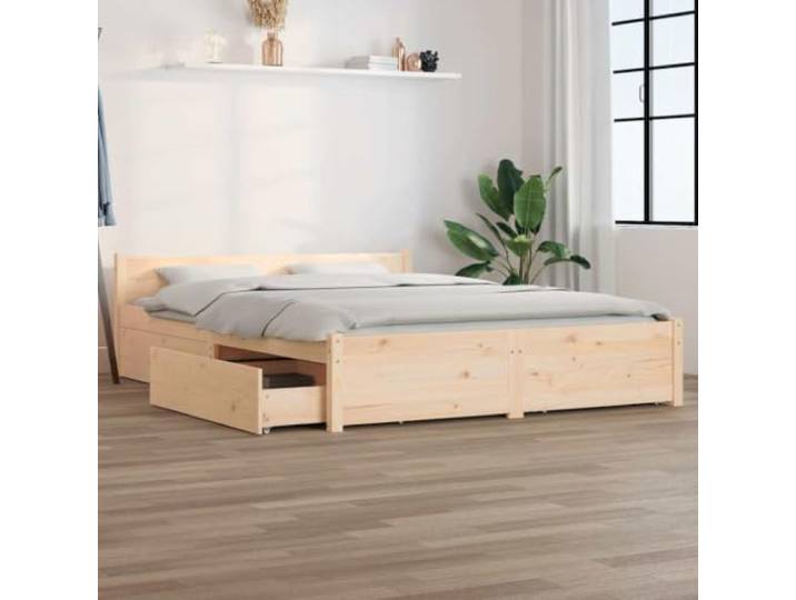 KGHFDVB Bett Natur mit Schubladen 120 x 200 cm Massivholz Kiefernholz Massives Kiefernholz unbehandelt, 4 Bettschubladen je 95 x 57 x 18 cm, Kopfteil zum Anlehnen, für Matratze