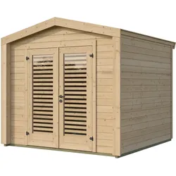 Weka Mehrzweck-Gartenhaus Killarney - 19/28 mm 250 x 250 cm - 28 mm (Gr. 2) Grundmodell ohne Erweiterung Zweiflüglige Tür, innen Lamellen, außen verglast naturbelassen