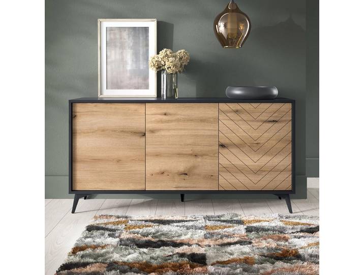 Kommode DIAMOND K3D Gefräste Front Fischgrätmuster Eiche Evoke Schwarz Matt Metallfüße Schrank