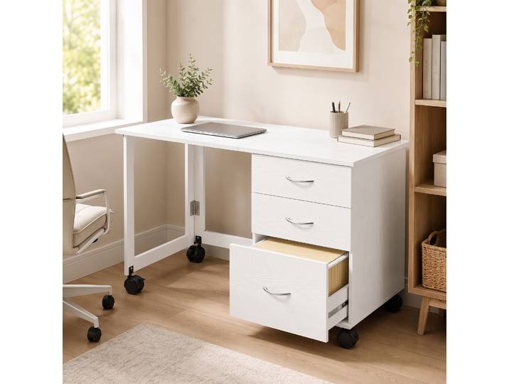 HOMCOM Bureau Rabattable Blanc 3 Tiroirs 4 Roulettes Frein