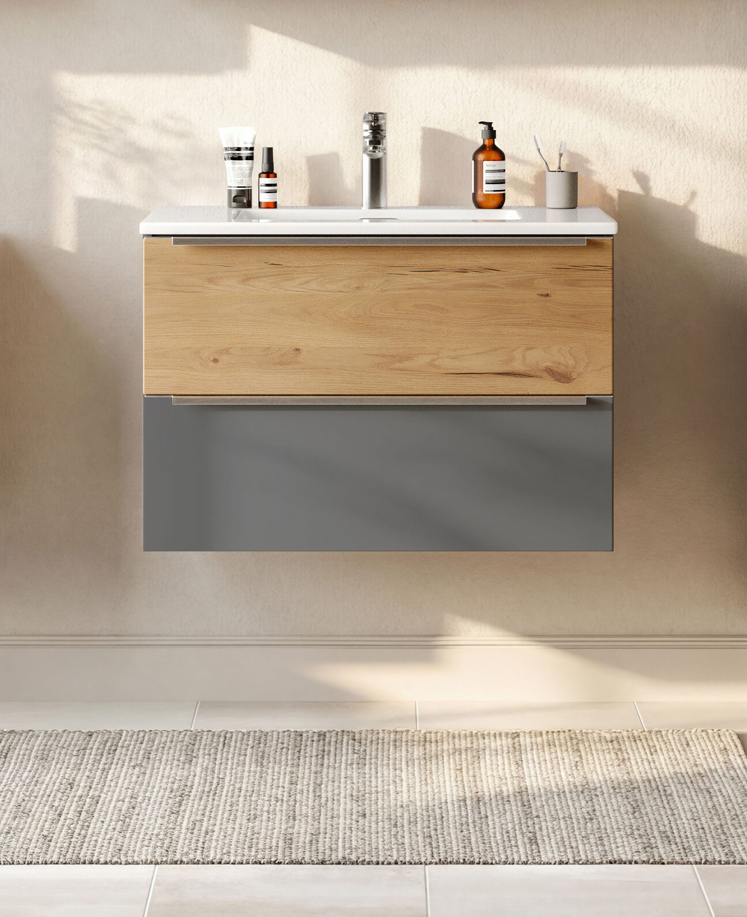 Waschtisch WELLTIME "TRIENT, Softclose-Auszüge, Mineralgussbecken", matt onyx, grau, wildeiche, matt onyx, grau, B:80cm H:54cm T:47cm, Waschtische, Waschtisch, matt onyx-grey/wildeiche, Mineralgussbecken matt onyx, grau, wildeiche, matt onyx, grau B/H/T: 