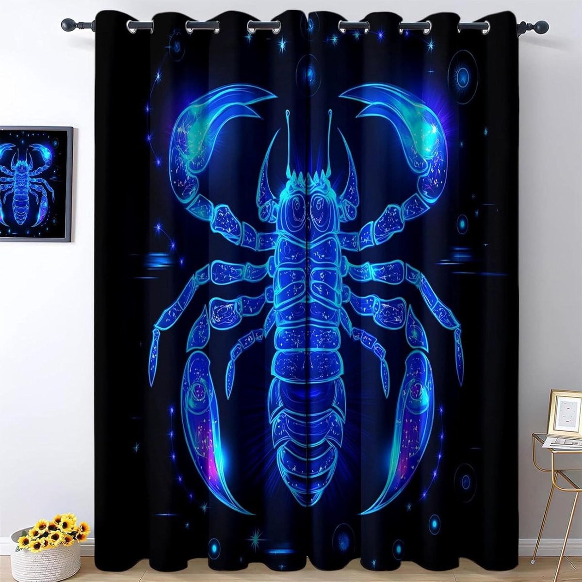 Set van 2 verduisteringsgordijnen met sterrenbeeld Melkweg patroon in blauw zwart, 140 x 175 cm