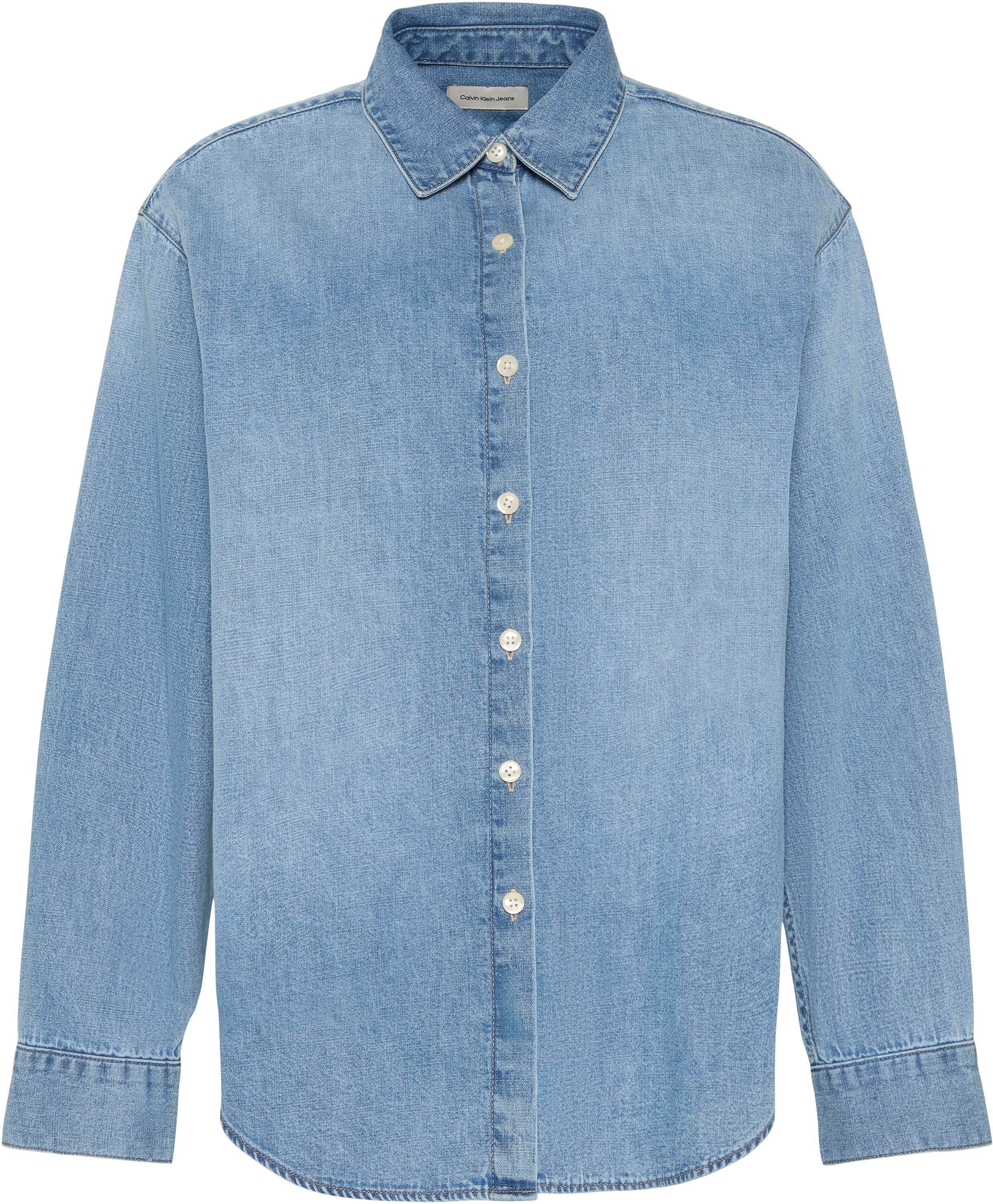 Jeansbluse CALVIN KLEIN "OVERSIZED SHIRT VINTAGE BELL", Damen, Gr. XL (44), blau (vintage bell), Denim/Jeans, Obermaterial: 100% Baumwolle, unifarben, oversize normal, Rundhals, eingesetzt angesetztes Bündchen, Blusen Jeansbluse, Oversize fit mit Rundhals