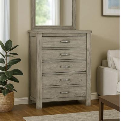 Benjara Yuna 52 Inch 5 Drawer Tall Dresser Chest, Bar Handles, Wood Grain Gray