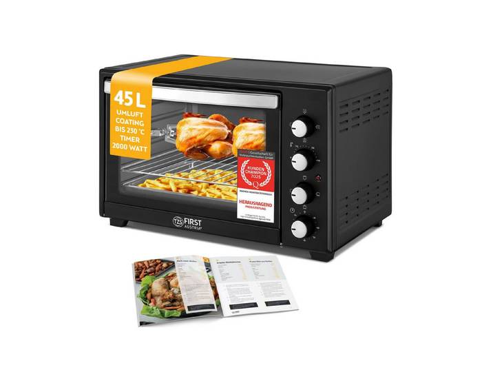 TZS FIRST AUSTRIA Minibackofen 45L 2000W, Premium-X Coating, stufenlose Temperaturregelung bis 230°C, 60 Min Timer, 4 Einschubhöhen, Doppelglastür, Umluftfunktion