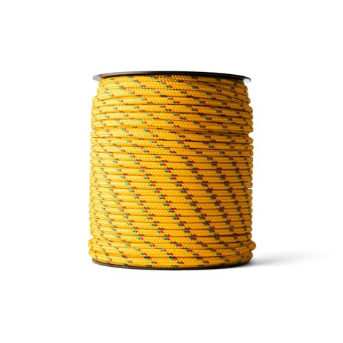 SNURO Polypropyleen Touw (4mm, 100M, geel met rood en groen) - Gevlochten lichtgewicht allround touw voor buiten, survival en tuin - Breekkracht 245kg