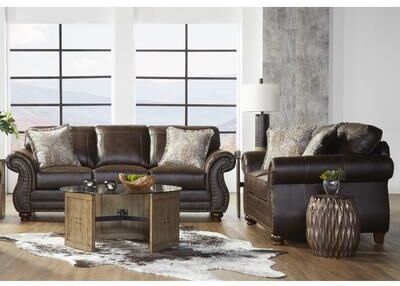 Roundhill Furniture Leinster Fabric Upholstered Nailhead Sofa and Loveseat Set in Espresso
