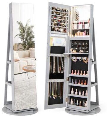 Costway 360° Rotating Mirrored Jewelry Cabinet Armoire 3 Color LED Modes Lockable-Gray