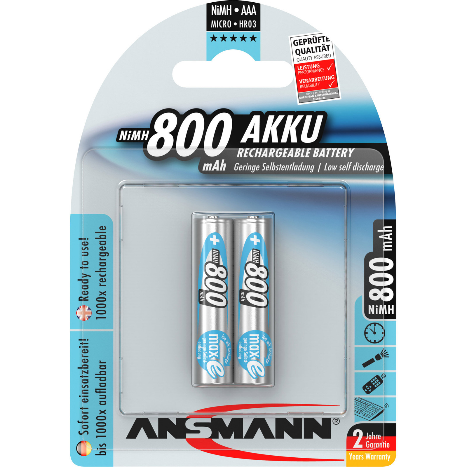 Ansmann MaxE NiMH Oplaadbare Batterij AAA 800 mAh, 2 stuks