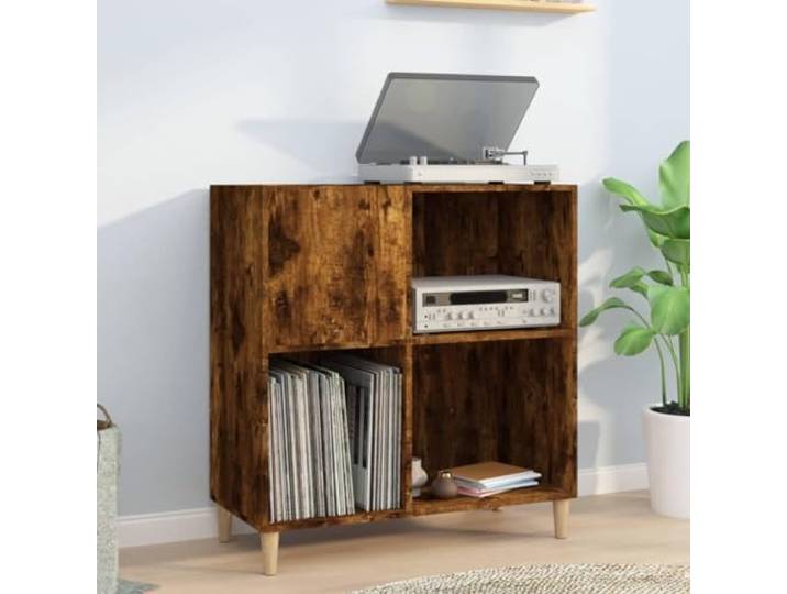 smnyxs Scheibenschrank, rauchfarbene Eiche, 84,5 x 38 x 89 cm, Holz Vinyl-Schrank und Plattenspieler, LP-Aufbewahrung, Seitenschrank, Wohnzimmervitrine, Schreibtischmöbel, Holzbeine