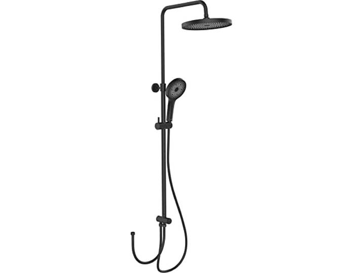 WENKO Duschsystem Softwater, Duschstange aus Edelstahl mit Regenduschkopf, Handbrause, Duschschlauch, Brausegleiter, einfacher Anschluss an bestehende Armaturen, höhenverstellbar (75-120 cm), Schwarz