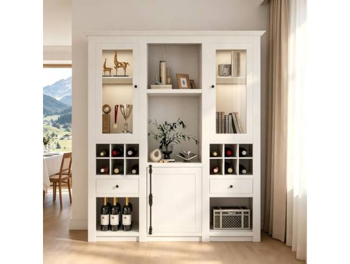 Merax Vitrine mit LED Beleuchtung, Vitrinenschrank Standvitrine mit Türen Schubkästen Flaschenfächer und Böden, Wohnzimmerschran Weiß LED Schränke, Holz Hochschränke, 143 x 170 x 45.5 cm