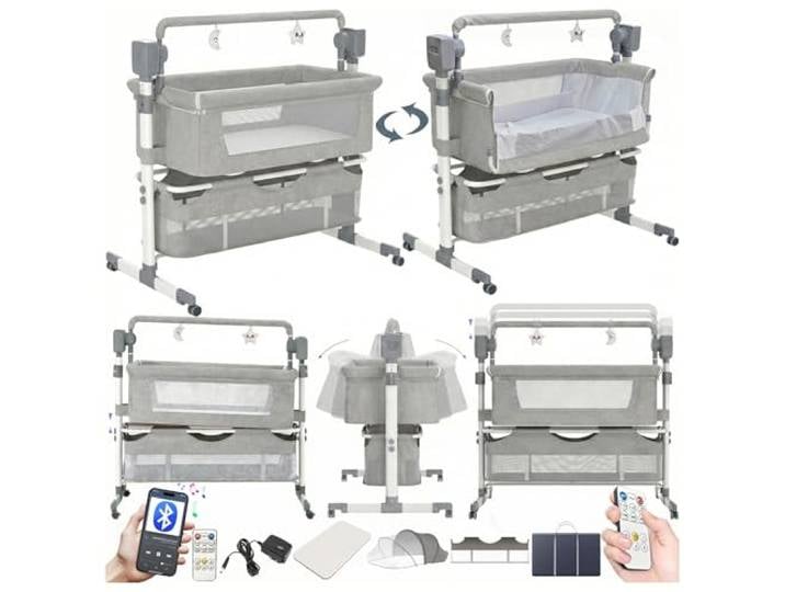 Magic ZC Elektrische Bluetooth Intelligent Beistellbett Baby mit Rollen, Faltbar Co-Sleeping Babybett, Convertible Stubenwagen Wiege mit Fernbedienung, Musik, 5-schwankende Zahnräder (601 Light Grey)