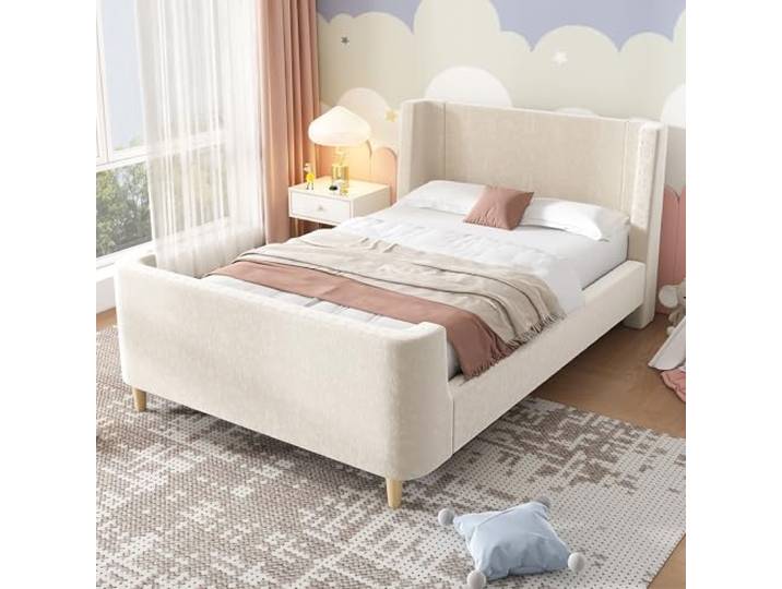 Merax Polsterbett Kinderbett 90x200 cm – Einzelbett Schlittenbett für Jungen & Mädchen, Samt Beige, Cartoon Weltraum-Muster, Stabil & Gepolstertes Kopfteil, ohne Matratze