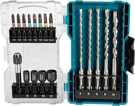 Makita Bohrer-Bit-Set SDS Plus, 18-teilig, Bohrer- & Bit-Satz (Klappbox mit transparentem Deckel)
