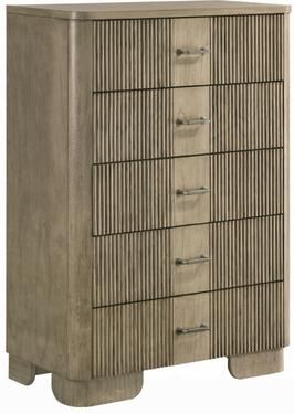 Benjara Leky Tall Dresser Chest, 5 Reeded Drawers with Handles, Antique Oak Brown
