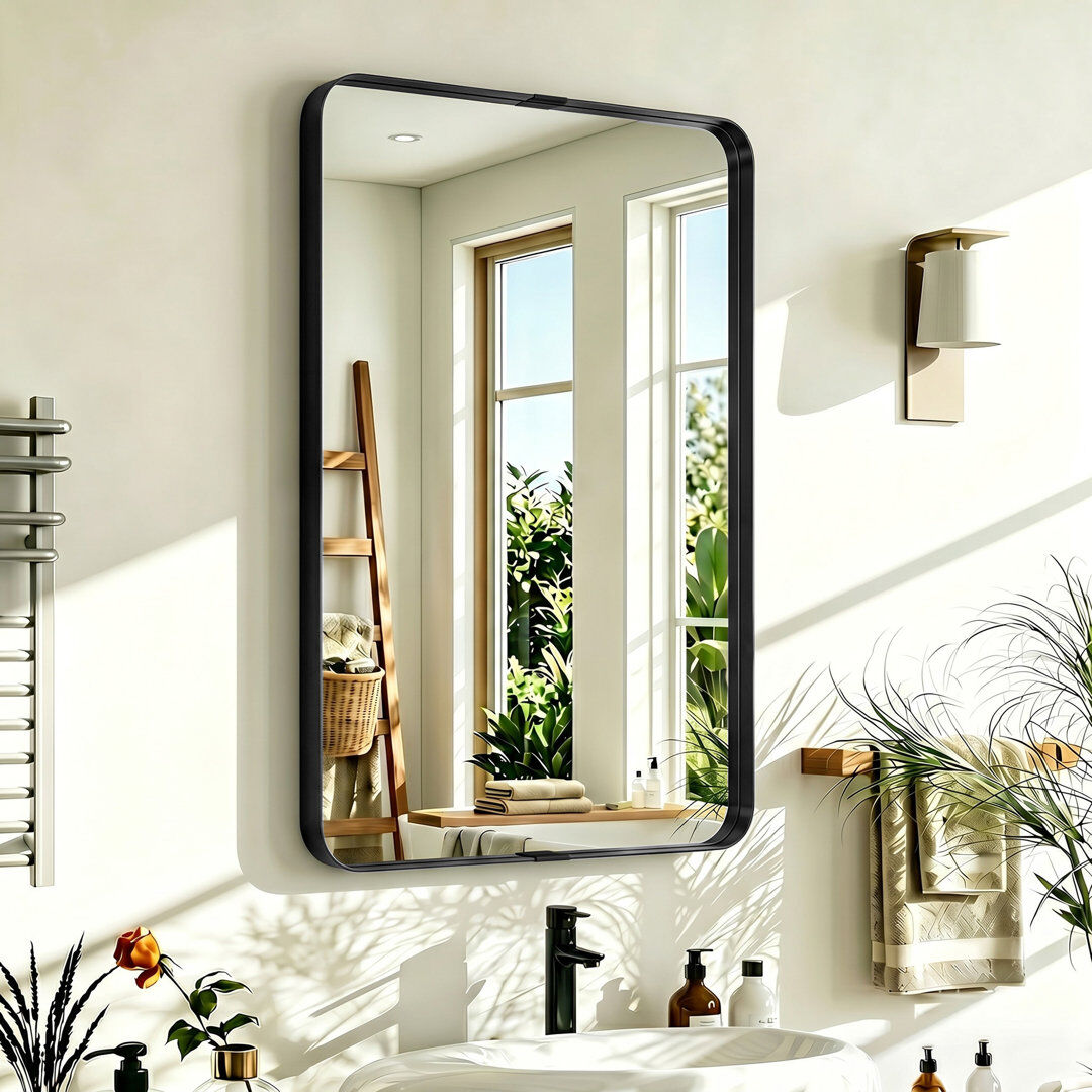 17 Stories HOMCOM Rectangular Wall Mirror Elevated Aluminium Alloy Frame Black 90cm H X 60cm W X 4cm D