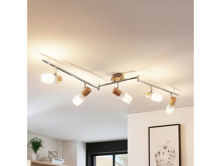 Spot pour plafond Lindby Christoph, 130 cm, à 5 lampes, bois, verre - Chambre à coucher - Moderne - Multi-ampoules