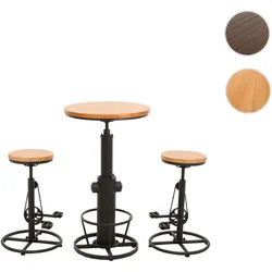 Set Bartisch + 2x Barhocker HWC-N20, Barstuhl Stehtisch höhenverstellbar drehbar Fußablage Industrial Holz ~ natur